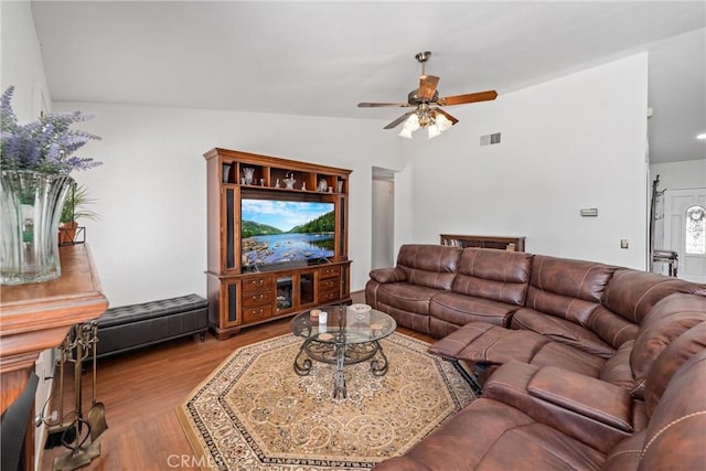 2757 Cape Dr, Corona, CA 92882 - living room featuring vaulted ceiling, a ceiling fan, and wood finished floors