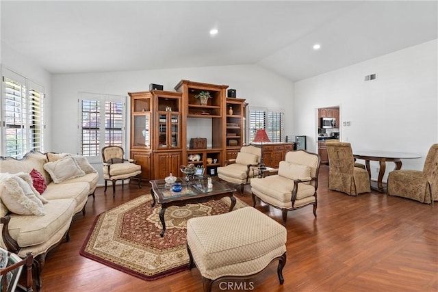 2757 Cape Dr, Corona, CA 92882 - living area with lofted ceiling, wood finished floors, and recessed lighting