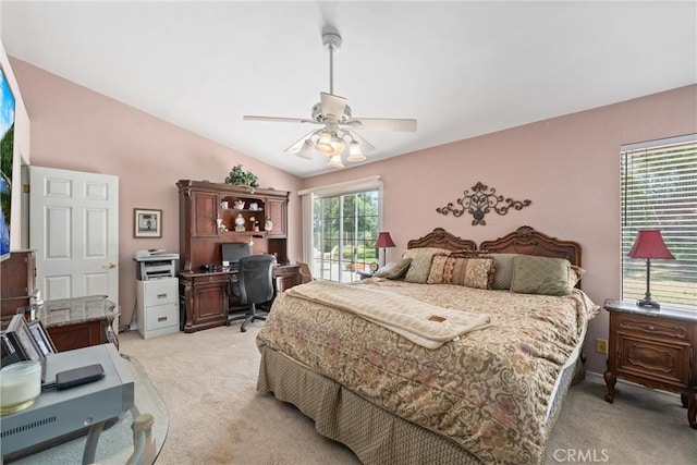 2757 Cape Dr, Corona, CA 92882 - bedroom featuring light carpet, an office area, vaulted ceiling, and a ceiling fan