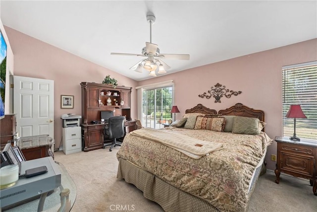 2757 Cape Dr, Corona, CA 92882 - bedroom featuring light carpet, a desk, lofted ceiling, and ceiling fan