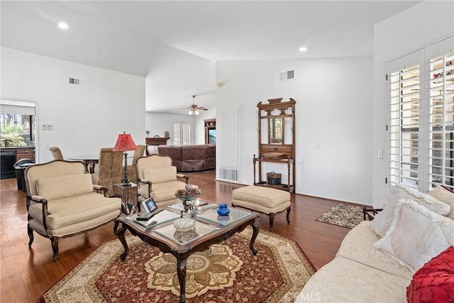 2757 Cape Dr, Corona, CA 92882 - living area featuring plenty of natural light, wood finished floors, lofted ceiling, a ceiling fan, and recessed lighting