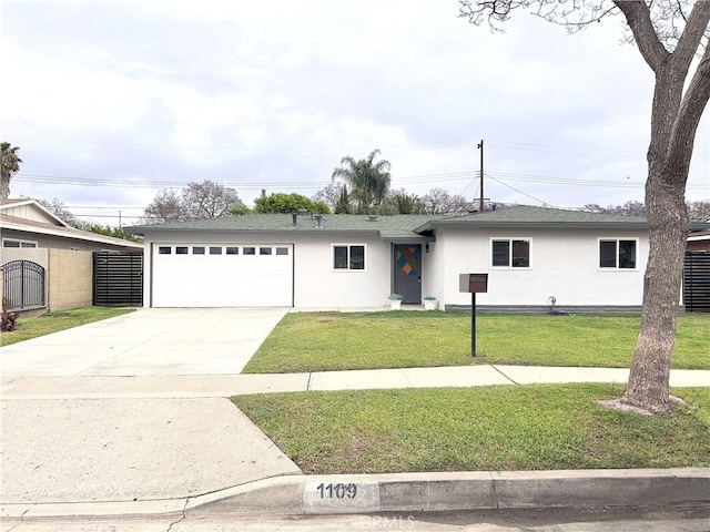 ranch-style home with stucco siding, concrete driveway, an attached garage, and roof with shingles
