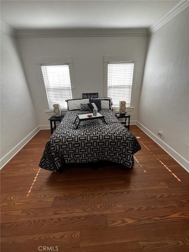 1449 W 45th St, Los Angeles, CA 90062 - bedroom featuring baseboards, ornamental molding, and dark wood-style floors