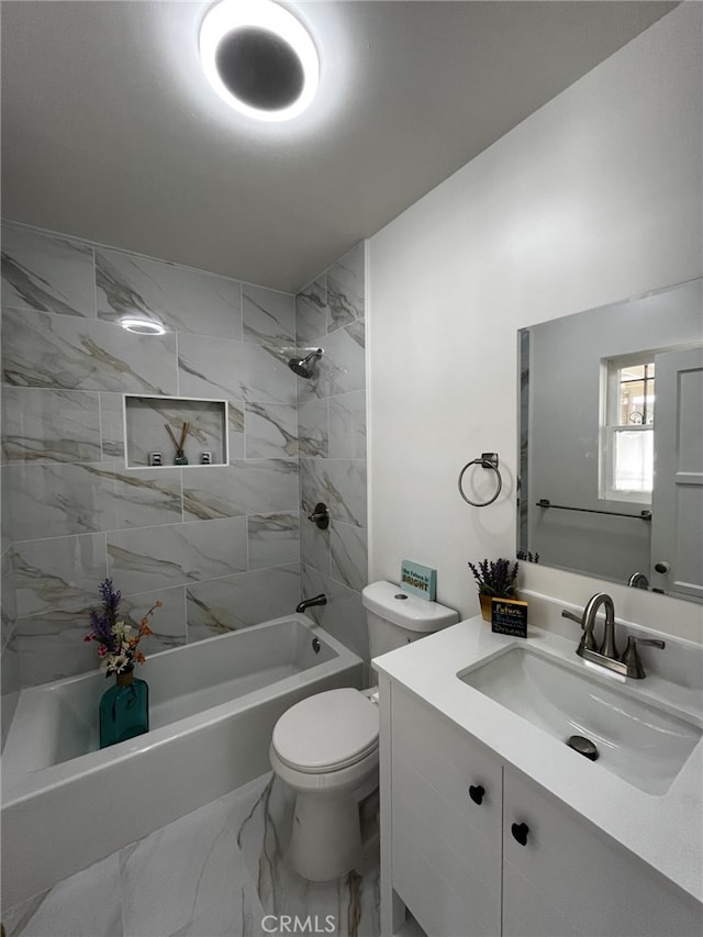 1449 W 45th St, Los Angeles, CA 90062 - full bathroom featuring  shower combination, toilet, marble finish floors, and vanity