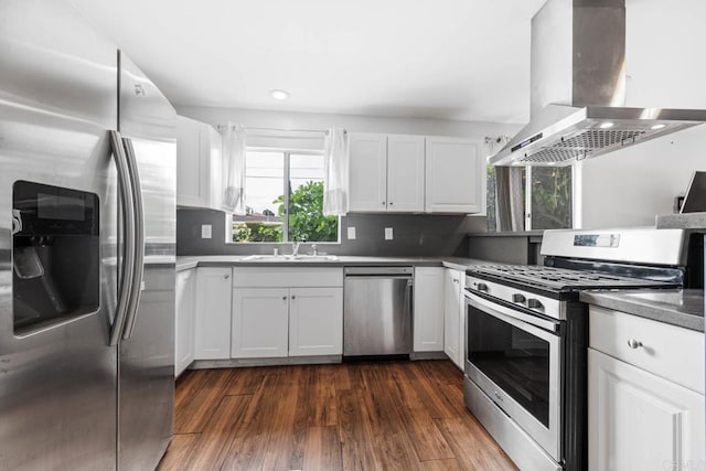 1990 Harrison Ave, San Diego, CA 92113 - kitchen with a sink, white cabinetry, island range hood, dark wood-type flooring, and appliances with stainless steel finishes