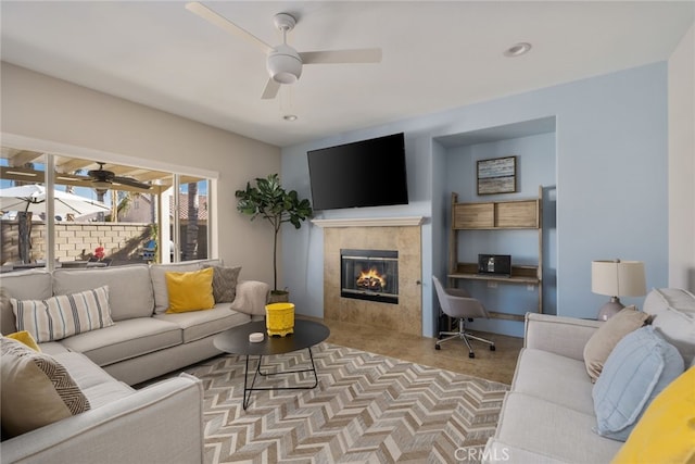 48674 Acropolis St, Indio, CA 92201 - living area with a ceiling fan and a fireplace