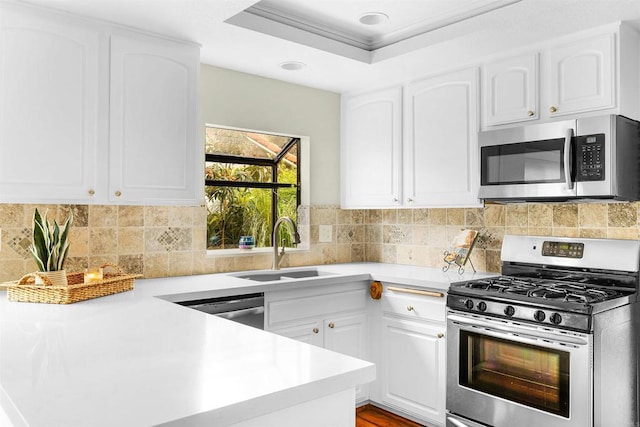 kitchen with a sink, light countertops, white cabinets, and appliances with stainless steel finishes