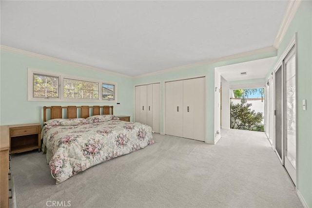 15723 La Belle St, Hacienda Heights, CA 91745 - bedroom featuring ornamental molding, access to outside, two closets, and carpet floors