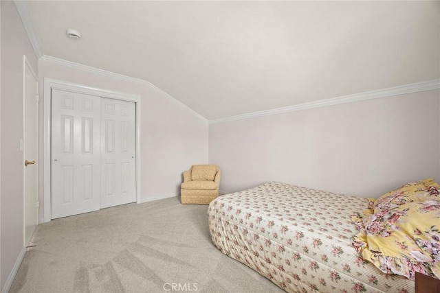 15723 La Belle St, Hacienda Heights, CA 91745 - bedroom featuring a closet, ornamental molding, vaulted ceiling, carpet flooring, and baseboards