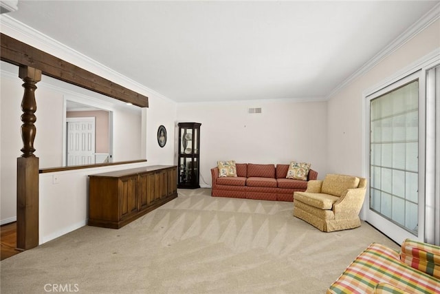 15723 La Belle St, Hacienda Heights, CA 91745 - living area featuring light colored carpet, crown molding, visible vents, and baseboards
