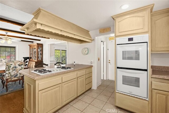15723 La Belle St, Hacienda Heights, CA 91745 - kitchen featuring ceiling fan, white appliances, a healthy amount of sunlight, and light brown cabinets