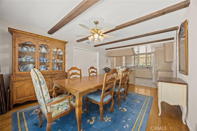 15723 La Belle St, Hacienda Heights, CA 91745 - dining area with a ceiling fan, light wood finished floors, beam ceiling, and visible vents