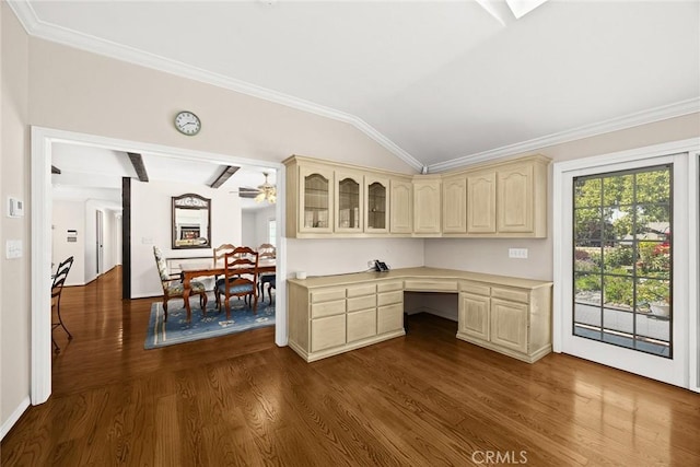 15723 La Belle St, Hacienda Heights, CA 91745 - unfurnished office with built in desk, lofted ceiling, crown molding, dark wood-style floors, and a ceiling fan