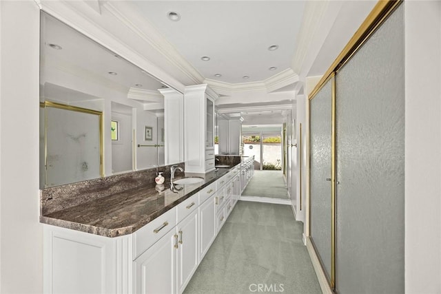 15723 La Belle St, Hacienda Heights, CA 91745 - bathroom featuring a stall shower, vanity, and crown molding