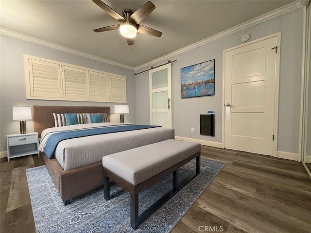 bedroom with crown molding, baseboards, dark wood-type flooring, and a ceiling fan
