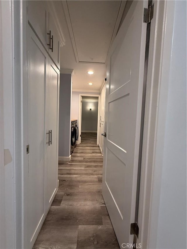 22723 Maple Ave, Torrance, CA 90505 - hall featuring attic access, crown molding, dark wood finished floors, recessed lighting, and washing machine and clothes dryer