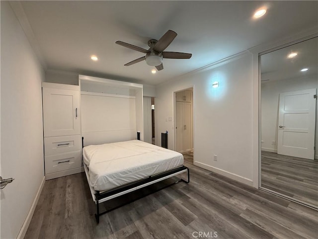 22723 Maple Ave, Torrance, CA 90505 - bedroom with ornamental molding, recessed lighting, dark wood-style floors, ceiling fan, and ensuite bathroom