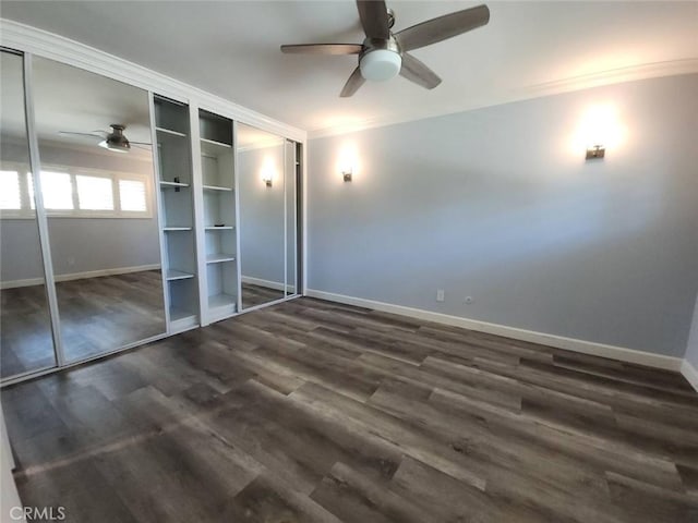 22723 Maple Ave, Torrance, CA 90505 - unfurnished bedroom featuring crown molding, dark wood-style floors, a closet, and ceiling fan