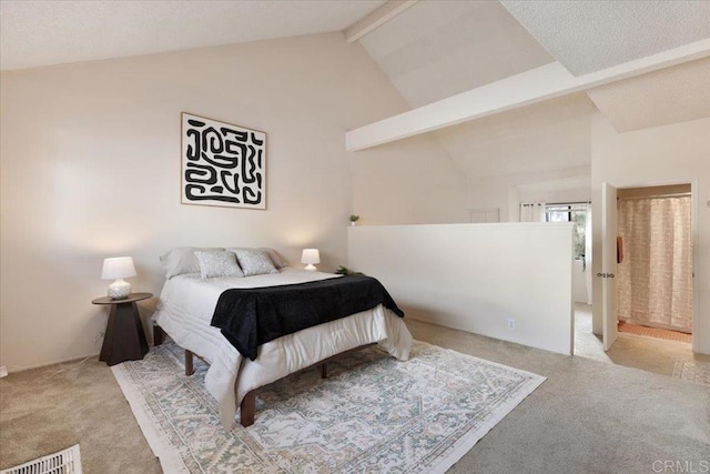 bedroom with lofted ceiling with beams, carpet floors, and visible vents