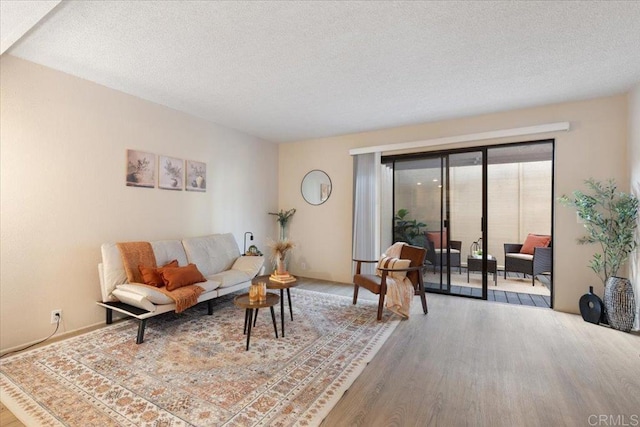 living area with a textured ceiling and wood finished floors