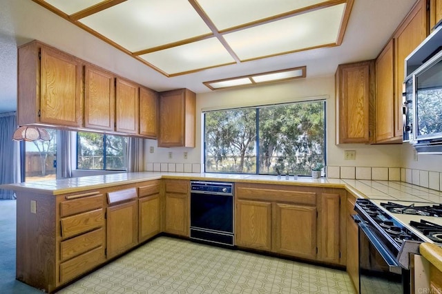 kitchen featuring a peninsula, plenty of natural light, brown cabinetry, and black appliances