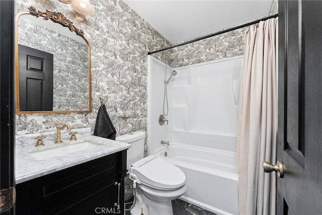 6338 Court Ave, Whittier, CA 90601 - full bathroom featuring vanity, toilet, wallpapered walls, and shower / bath combo