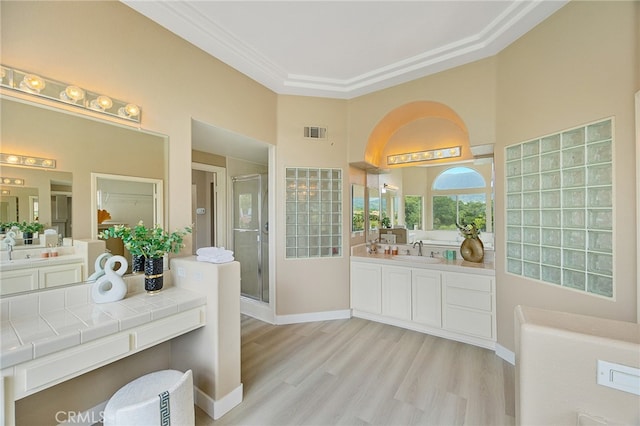 full bathroom featuring baseboards, visible vents, a shower stall, vanity, and wood finished floors