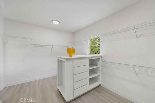 walk in closet with light wood finished floors