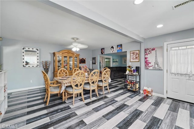 dining space featuring visible vents, baseboards, a ceiling fan, and recessed lighting