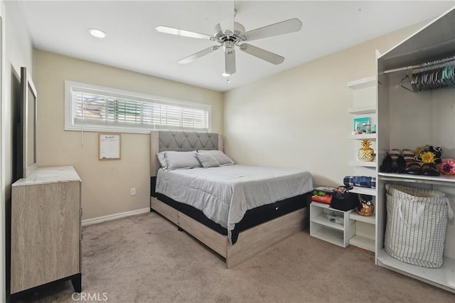 bedroom with baseboards, recessed lighting, ceiling fan, and carpet floors