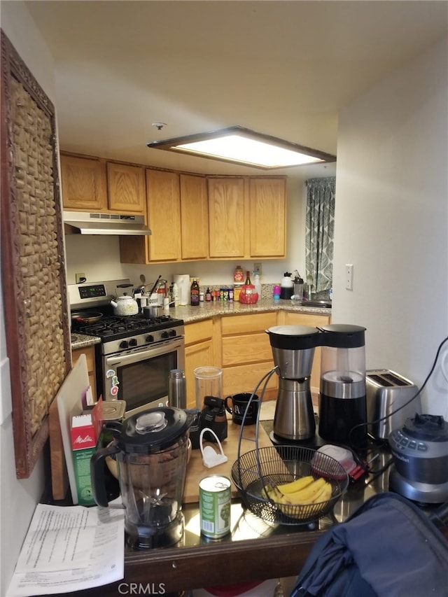 426 N Maryland Ave Unit 103, Glendale, CA 91206 - kitchen with under cabinet range hood, gas stove, and light brown cabinetry