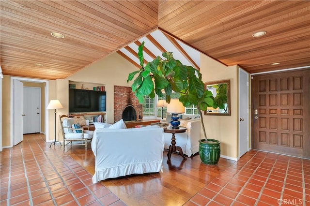 living room with recessed lighting, wooden ceiling, baseboards, tile patterned flooring, and vaulted ceiling
