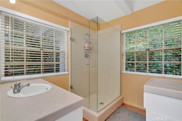 full bathroom featuring tile patterned floors, a shower stall, a healthy amount of sunlight, and a sink