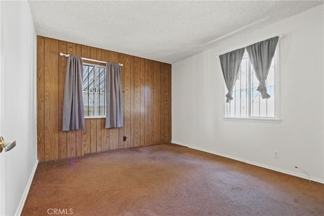 spare room featuring wood walls, carpet flooring, baseboards, and a textured ceiling