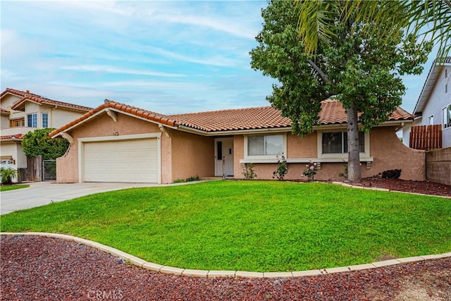 single story home with concrete driveway, stucco siding, an attached garage, and a front yard