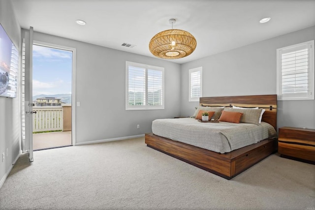 bedroom with baseboards, visible vents, recessed lighting, carpet flooring, and access to outside