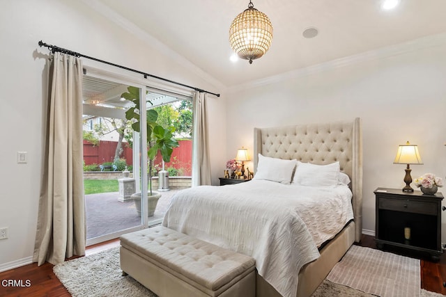 bedroom with lofted ceiling, baseboards, crown molding, dark wood-style floors, and access to exterior