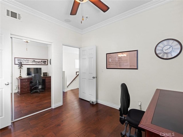 office featuring ceiling fan, wood finished floors, ornamental molding, and baseboards