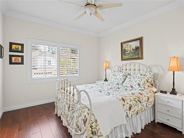 bedroom with crown molding, dark wood-style flooring, baseboards, and a ceiling fan