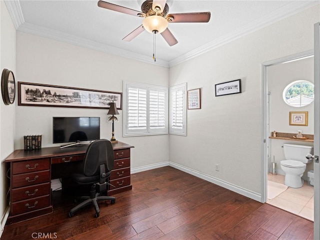office featuring dark wood-style flooring, healthy amount of natural light, baseboards, and crown molding