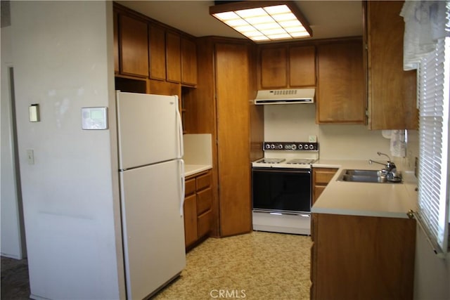 kitchen featuring freestanding refrigerator, range with electric cooktop, under cabinet range hood, a sink, and light countertops