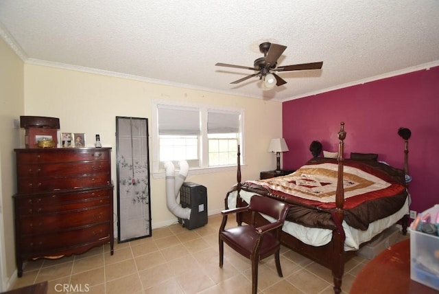 56819 Mountain View Trl, Yucca Valley, CA 92284 - bedroom featuring crown molding, a textured ceiling, and a ceiling fan