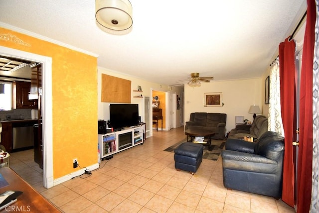 56819 Mountain View Trl, Yucca Valley, CA 92284 - living room with light tile patterned floors, ornamental molding, and a ceiling fan