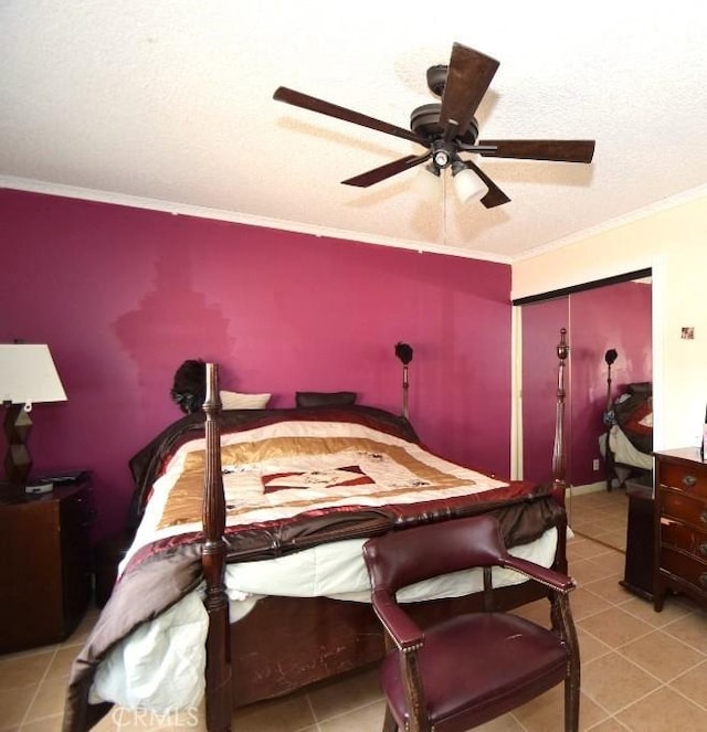 56819 Mountain View Trl, Yucca Valley, CA 92284 - bedroom featuring crown molding, tile patterned floors, and a ceiling fan