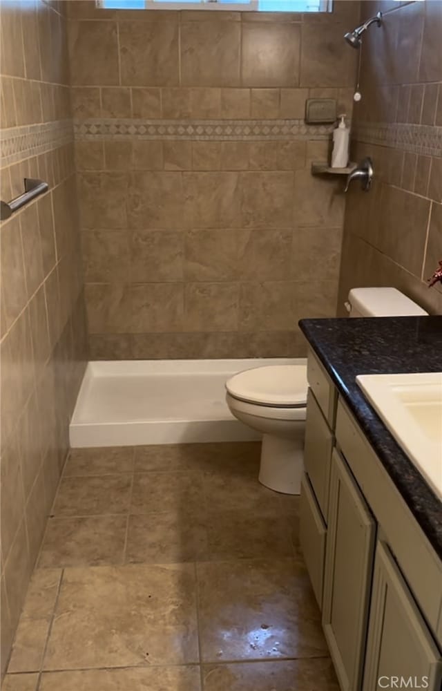 full bathroom with vanity, toilet, tile walls, and a shower stall