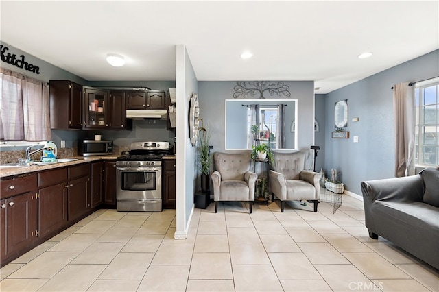 1301 E Pacific Coast, Wilmington, CA 90744 - kitchen featuring stainless steel appliances, under cabinet range hood, open floor plan, a sink, and dark brown cabinets
