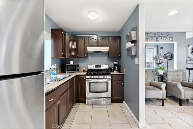 1301 E Pacific Coast, Wilmington, CA 90744 - kitchen with appliances with stainless steel finishes, under cabinet range hood, a sink, dark brown cabinets, and light tile patterned floors