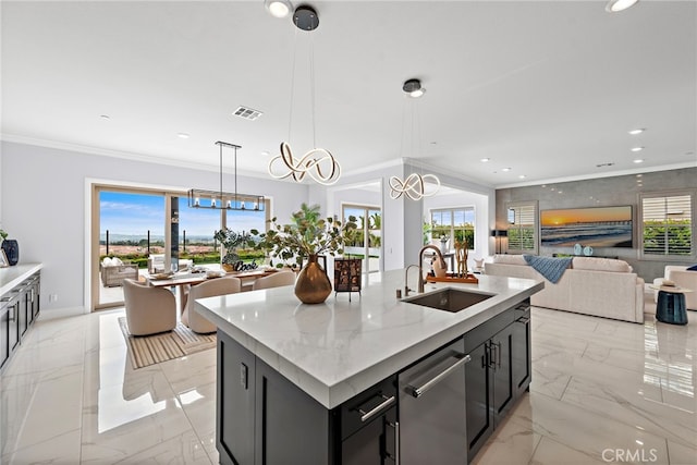 109 Chronology, Irvine, CA 92618 - kitchen featuring a sink, light marble finish flooring, ornamental molding, a kitchen island with sink, and plenty of natural light