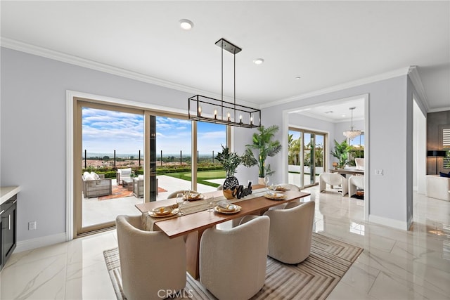 109 Chronology, Irvine, CA 92618 - dining room with a chandelier, light marble finish floors, ornamental molding, baseboards, and recessed lighting