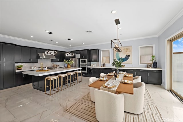 109 Chronology, Irvine, CA 92618 - dining room with light marble finish flooring, crown molding, and recessed lighting